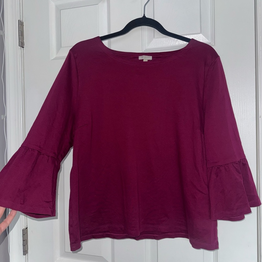 Talbots Blouse Bell Sleeves Burgundy Maroon Top Shirt XL Women's 100% Cotton - Picture 1 of 4